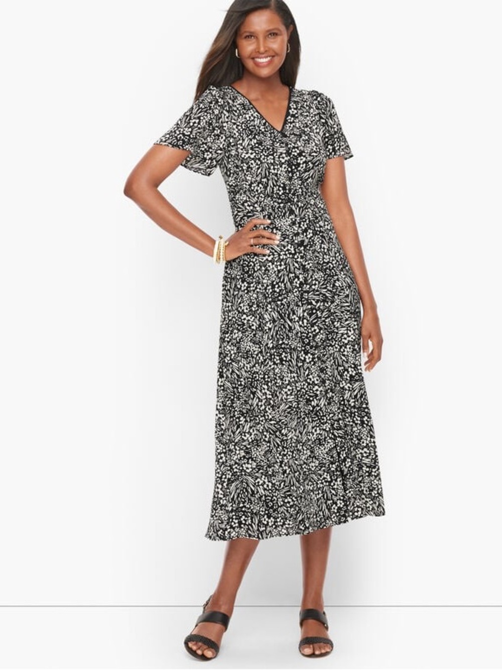 Talbots Button Detail Black/White Floral V-Neck Fit & Flare Midi Dress Sz 14 NWT